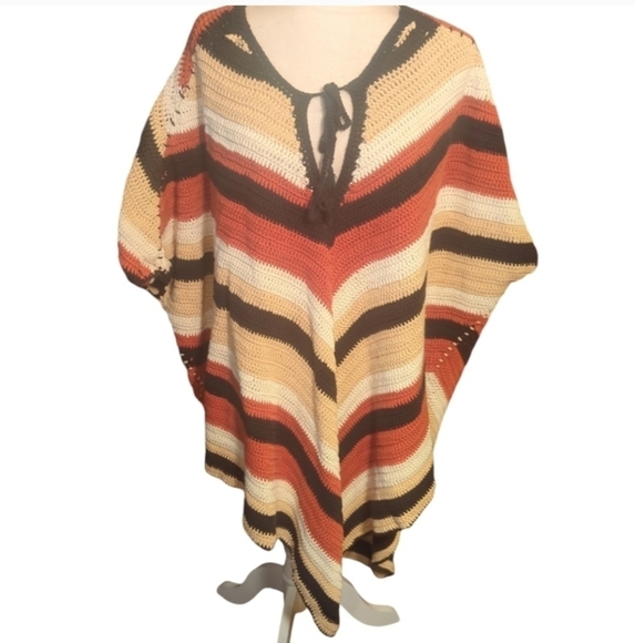 Some Days Lovin Sweaters - Crochet Long Poncho Multi Color Striped brown/cream/rust Hippie Festival OS